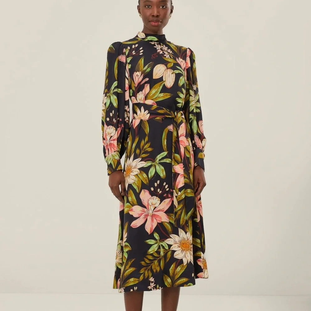 Farm Rio Black Surreal Flowers High Neck Midi Dress - Picture 1 of 8